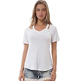 Women's V Neck Short Sleeves Tee Cold Shoulder Top Modal Cotton Loose T Shirts Comfortable Undershirt Basic Blouse
