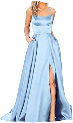 Halter Satin Long Black Prom Dresses 2021 with Slit Pockets for Women