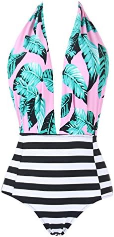 Miturn Retro One Piece Backless Bather Swimsuit High Waisted Tankini Pin Up Swimwear