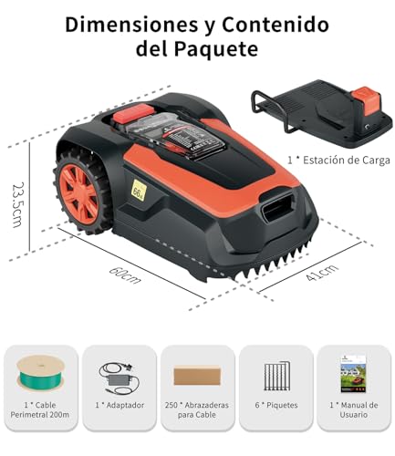OKAYBOT Robot Lawn Mower with Perimeter Cables 1400 m2, Slope 47%, Cutting Height 25-65 mm, App Control, Rain Sensor