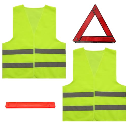 Houkary 3 in1 Yellow Triangle and Vest for Car Foldable Warning Triangle Kit and Yellow Vest High Reflectivity Triangle Car Kit for Cars Complies with European ECE Standards