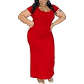 Mrskoala Women Plus Size Bodycon Maxi Dress Stretchy Knit Curve Hugging Short Sleeve Long Dresses