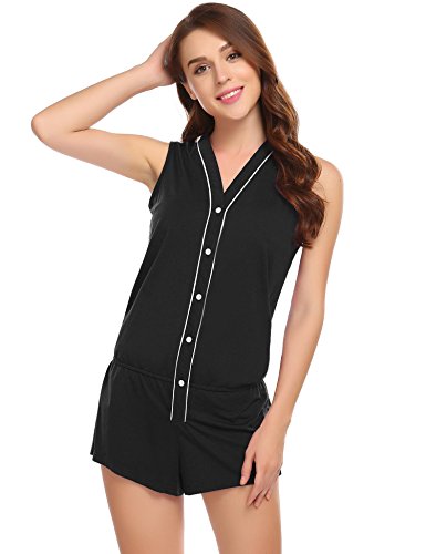 Ekouaer Rompers Women Sexy v neck Conjoined for summer(black,large)