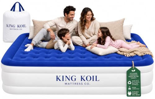 King Koil Premium California King Size Air Mattress with Built-in Cushion and Patented Built-in High Speed Pump 20" King Size Premium Double High Air Bed for Home, Camping and Guests