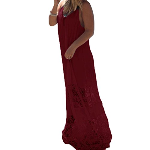 Partysweetyer Women Big Size Summer Dress Solid Lace Splice Spaghetti Strap Sundress Burgundy XXXL