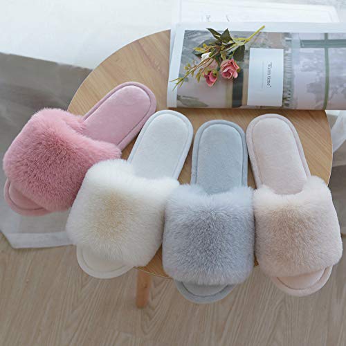 Women's Fuzzy Faux Fur Slippers Flat Spa Fluffy Open Toe House Shoes