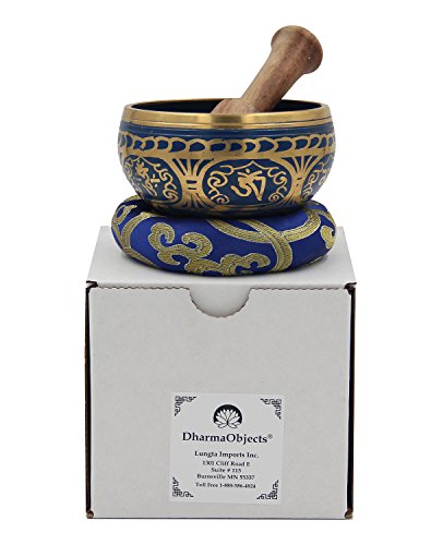DharmaObjects ~ Tibetan OM MANI Singing Bowl Set ~ With Mallet, Brocade Cushion & Carry Bag ~ For Meditation, Chakra Healing, Prayer, Yoga (Blue)