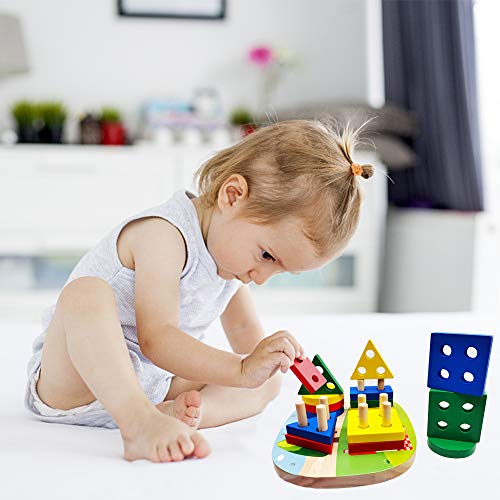 Wooden Educational Toy for Toddlers, Sorting Stacking Toy for Toddlers, Shape Color Recognition Puzzle Stacker, Geometric Board Blocks Stacking Sort, Montessori Toddlers Toy for 1 2 3 4+ Years Old