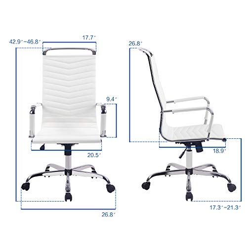 Elecwish Adjustable Office Executive Chair, High Back Tall Ribbed, Pu Leather, Wheels Arm Rest Computer, Chrome Base, Home Furniture, Conference Room Reception White