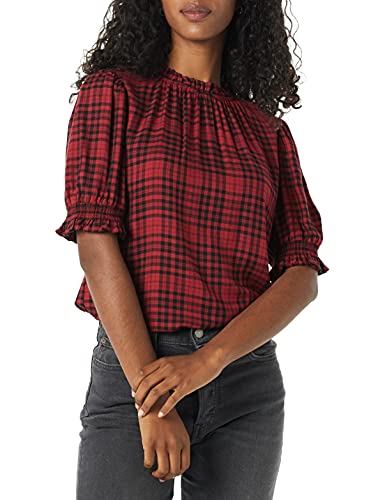 Amazon Essentials Women's Fluid Twill Short Puff Sleeve Ruffle Smock Detail Blouse, Red Black Handkerchief Plaid, Large at Amazon