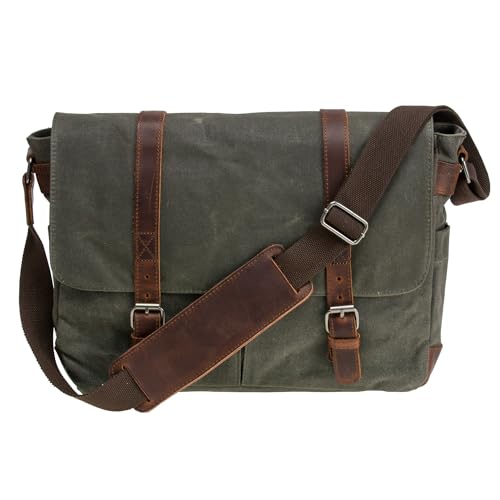 peacechaos Waterproof Canvas Unisex Vintage Canvas Genuine Leather Messenger Bag Travel Briefcase Crossbody Satchel Shoulder Bag (Army Green)