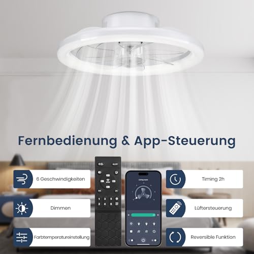 Ceiling Fan with Lighting, 40 cm LED Dimmable Ceiling Lighting, App and Remote Control, Dining Room Lamp with Fan, 6-Speed, Timer, Quiet, White