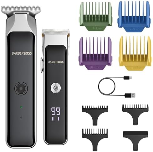 Kit de aparador de cabelo masculino, cabeleireiros de barba sem fios com 7 pentes, esfera de comprimento ajustável, ajustes de velocidade dupla, carregamento USB e lâminas cerâmicas