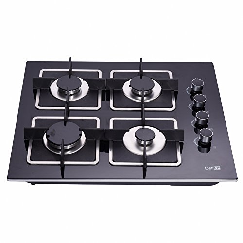 Delikit 24 inch Gas Cooktop Dual Fuel Sealed 4 Burners Tempered Glass