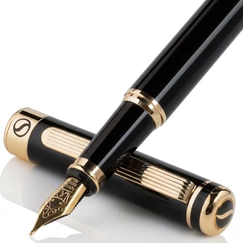 Scriveiner Luxury Fountain Pen - Stunning Black Lacquer Pen, Real Gold Finish,
