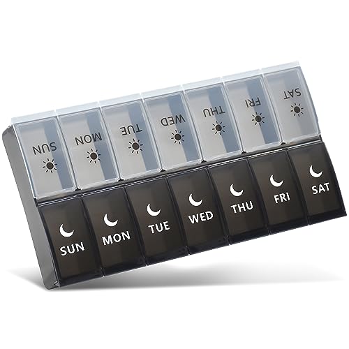Large Pill Organizer 2 Times a Day, Weekly Pill Case, AM PM Pill Box, Day Night Pill Container 7 Day, Vitamin Case Medicine Dispenser Twice a Day (Black & White)