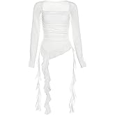FlyCC Womens Long Sleeve Going Out Crop Top Shirts Sexy Asymmetrical Ruffle Flowy Trendy Spring Tops Outfits