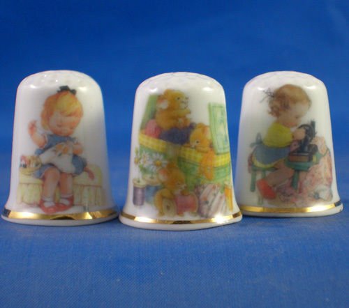Porcelain China Collectable Thimbles - Set of Three Children Sewing