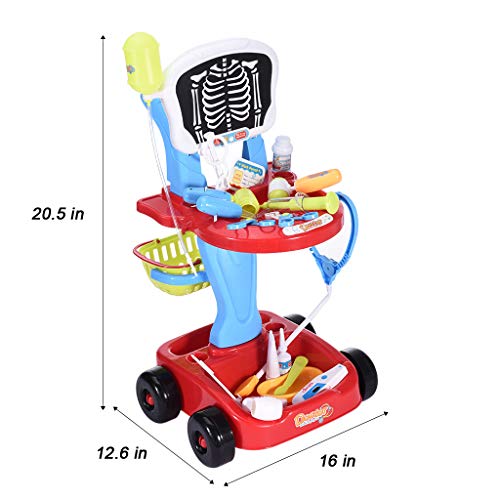 Childrens Doctor Pretend Play Set | 22 Piece Kids 2-Tier Doctor Trolley Playset with Electric Analog X-ray Screen & Medical Accessories Kit Stethoscope Toys | Educational Toy Gifts for Kids (Red) - Thumbnail 6