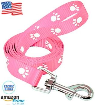 Pacific Husky Leash - 1" Solid Nylon w/Paw Pattern (Light Pink or Blue)
