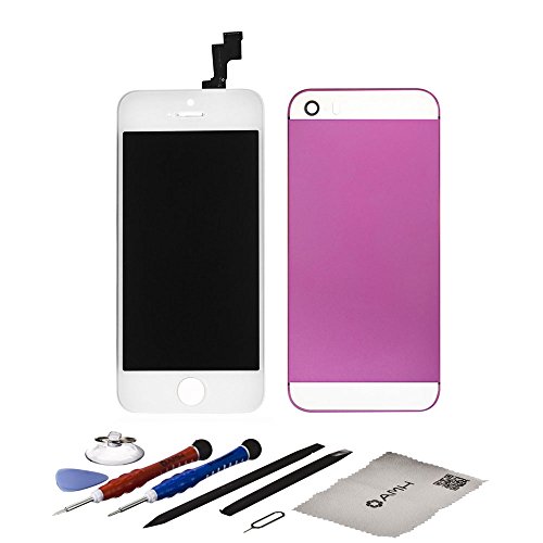 AMH White LCD Display & Touch Screen Digitizer Assembly + Rose Back Cover Housing with White Top & Bottom Glass + AMH Professional Opening Tools Compatible with iPhone 5S A1533 /A1457/A1530 /A1453 /A1518 /A1528