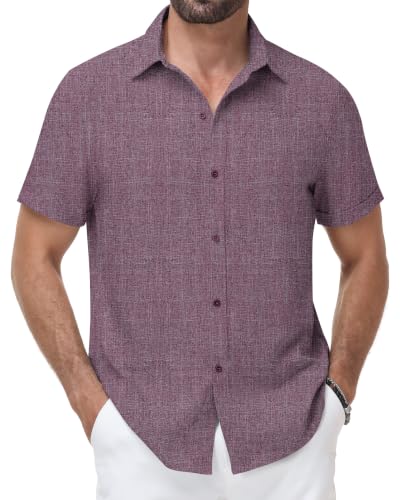 Runhit Linen Shirts for Men Short Sleeve Casual Button Down Shirt Men Beach Summer Wedding Vacation Tops Lightweight Breathable Burgundy Wine Red 3XL at Amazon