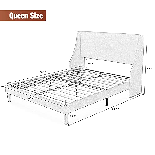 Einfach Queen Size Platform Bed Frame with Wingback Headboard / Fabric