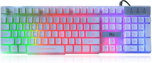 Rii RK100+ White Gaming Keyboard,USB Wired Multiple Colors Rainbow LED Backlit Large Size Mechanical Feeling Ultra-Slim Multimedia Office Keyboard Non-Slip for Primer Gaming and Working,Office Device