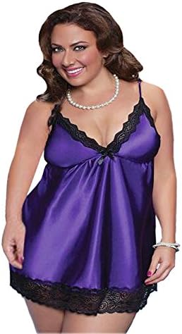 ESG Fashion Women's Plus Size Silk Nightgown Lace Edge Lingerie Strap (XXX-Large, Purple)