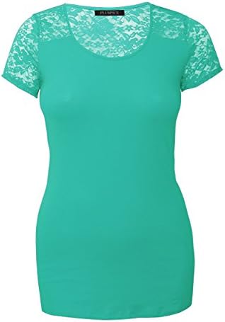 Women's Scoop Neck Lace Inserted Plus Size Sexy Short Sleeve Long Top Cotton Spandex