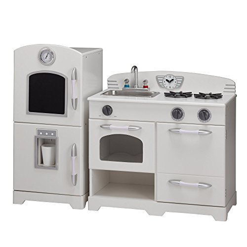 Teamson Kids Retro Wooden Play Kitchen with Refrigerator, Freezer, Oven and Dishwasher - White (2 Pieces)