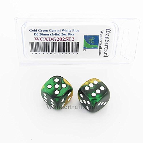WCXDG2025E2 Gold and Green Gemini Dice with White Pips 20mm (3/4in) D6 Pack of 2