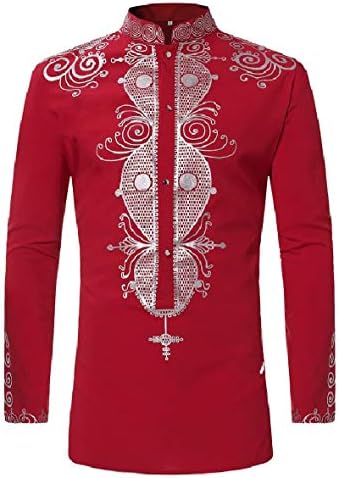 HEFASDMMen's Long Sleeve African Dashiki Traditional Gold Print Button Down Shirts