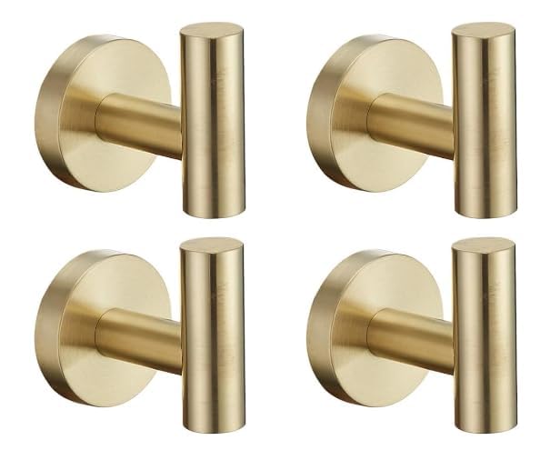 IUSOT Drill Mounted Bathroom Towel Hooks,Heavy Duty Hanger Holder in Brushed Gold, Silver and Black for Bathroom Bedroom Kitchen Home Storage (4 Gold)