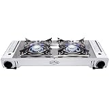 GAS ONE GS-2000 Dual Fuel Double Portable Propane or Butane Stove with Camping and Backpacking Gas Twin Stove Burner with Carrying Case (Stainless Steel & White)