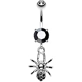 Pierced Owl 14GA Stainless Steel Black CZ Crystal Gothic Spider Dangling Belly Button Ring