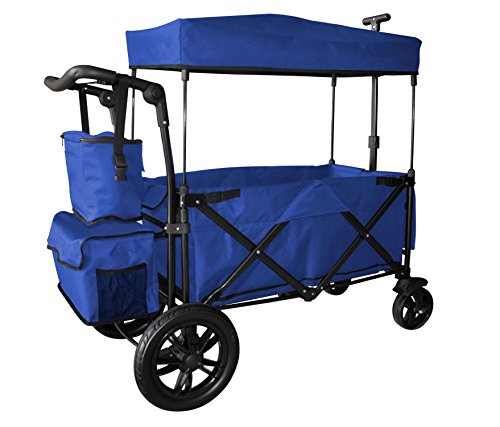 BLUE PUSH AND PULL HANDLE WITH REAR FOOT BRAKE FOLDING STROLLER WAGON COLLAPSIBLE BABY TROLLEY W/ CANOPY OUTDOOR SPORT GARDEN UTILITY SHOPPING TRAVEL CARTFREE CARRYING BAG - EASY SETUP NO TOOL NEEDS