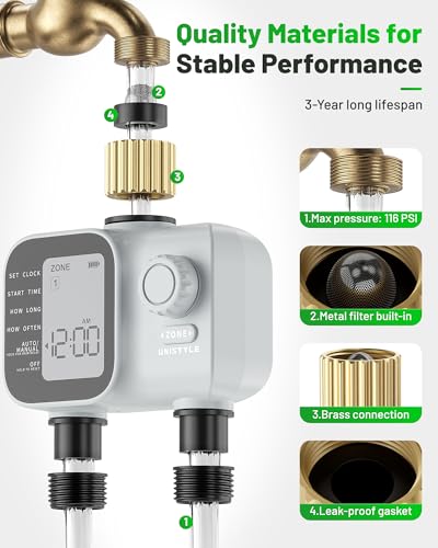 [2026 All-New] Water Timer 2 Zones, Unistyle Hose Timer 2 Outlets for Sprinkler Irrigation, Brass Inlet, Easy to Set up, Precise Control, Auto/Manual/Delay Modes for Garden Watering