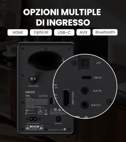 Diffusori da scaffale M90, scrivania 100 W RMS, audio alta risoluzione, LDAC, Bluetooth 6.0, ingressi HDMI eARC/ottico/USB-C/AUX, amplificati con uscita SUB OUT, telecomando per TV/PC-Nero