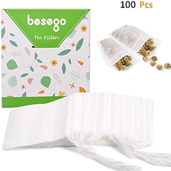 Besego Disposable Drawstring White Tea Filter Bags, Empty Natural Material Tea Infuser Bag for Herb & Tea Loose Leaf Pack of 100 (3.2