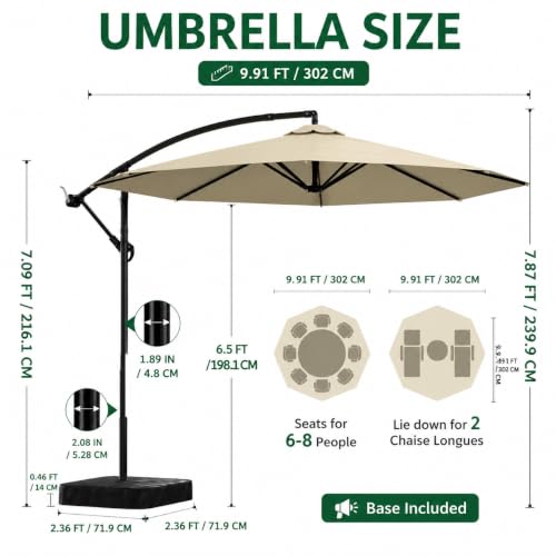 Meulbaty Patio Umbrella with Base Included, 10FT Large Cantilever Offset Patio Umbrellas Outdoor Umbrellas Shade Umbrella with Stand - UV Protection, Easy Tilt & 360° Rotation for Pool, Deck, Porch, Yard