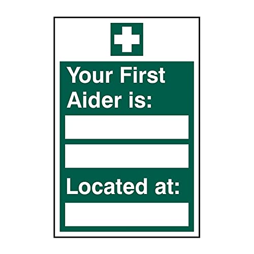 Spectrum Industrial 12045 First Aider Is Located At Safety Wall Sign, Non Adhesive Rigid 1mm PVC Board, 200mm x 300mm, Multi-Colour, 200 x 300 mm