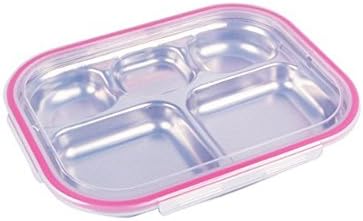 Stainless Steel Tray Storage Containers Divided Dinner Snack Plate Kids Baby Plate Diet Plate Diet Food Control Tray 5section (Pink)