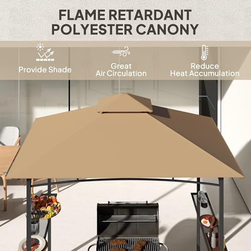 Outsunny 8' x 5' BBQ Grill Gazebo Tent with Double Tiered Canopy for Outdoor Sun Shade, Khaki