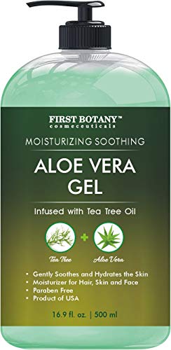 Aloe vera gel from 100 percent Pure Aloe Infused with Tea Tree Oil - Natural Raw Moisturizer for Hand Sanitizing Gel, Skin Care, Hair Care, Sun Burn, Acne & Eczema - 16.9 fl oz (Packaging May Vary)