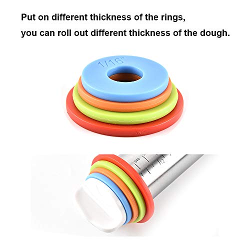 Rolling Pin, Adjustable Stainless Steel Heavy Duty 17Inch Dough Roller Pins with 4 Removable Rings for Baking Cookie Fondant Dough Pastry Pizza Pie