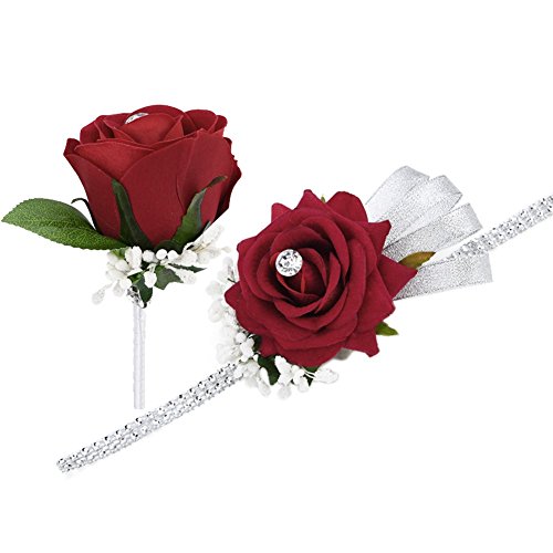 FAYBOX Wedding Prom Velvet Rose Rhinestone Corsage and Boutonniere Set With Silvery Ribbon Stretch Bracelet (Wine Red)