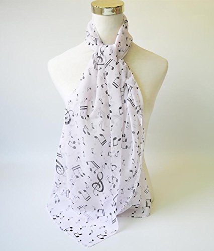 Qenci Chiffon Scarf Musical Note Printed Neck Lightweight Scarf Shawl Wrap White