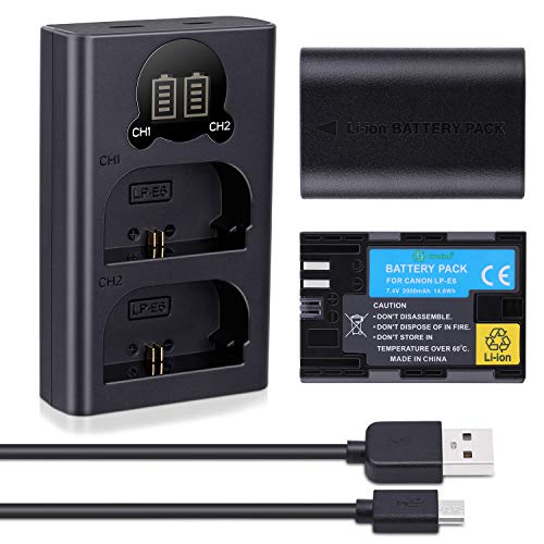 LP-E6 LP E6N LCD Display Charger and Battery 2 Pack Gonine Upgraded for Canon EOS R, EOS 60D, EOS 70D, EOS 80D, 5D Mark II III IV, EOS 5Ds, EOS 6D, EOS 6D Mark II, EOS 7D Mark II Cameras.
