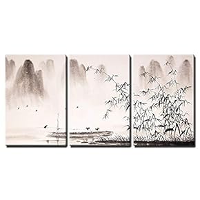 3 Piece Canvas Wall Art - Chinese Landscape Ink Painting - Modern Home Art Stretched and Framed Ready to Hang - 16"x24"x3 Panels